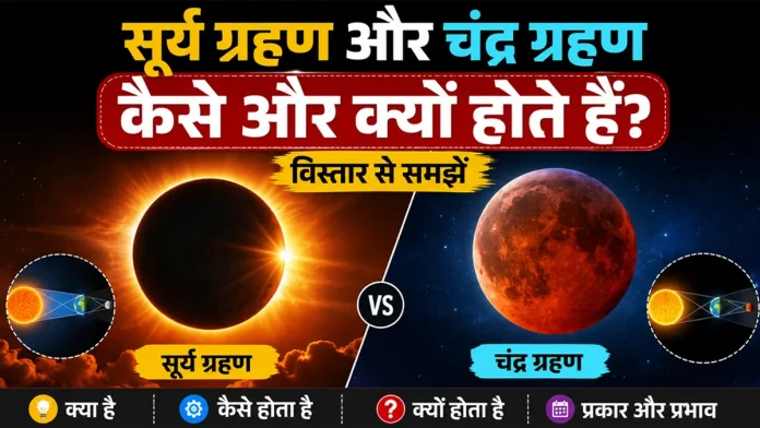 सूर्य ग्रहण और चंद्र ग्रहण कैसे और क्यों होते हैं, इसकी जानकारी दर्शाती हुई इमेज