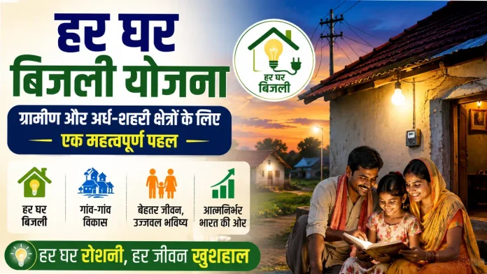हर घर बिजली योजना के तहत ग्रामीण और अर्ध-शहरी क्षेत्रों में बिजली सुविधा और उज्ज्वल भविष्य दर्शाता परिवार