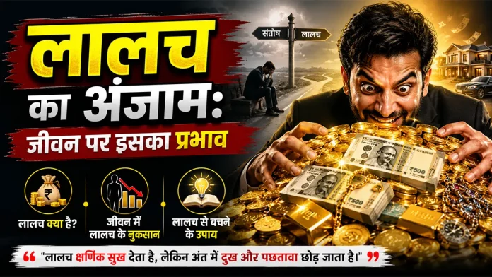 लालच का अंजाम और जीवन पर इसके प्रभाव को दर्शाती हिंदी फीचर्ड इमेज, जिसमें व्यक्ति धन और सोने के लालच में दिखाई दे रहा है
