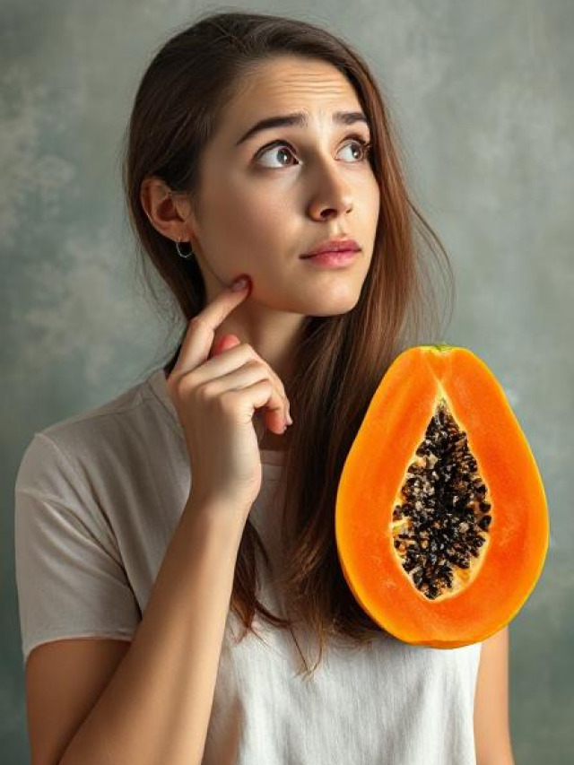 Confused woman thinking with papaya fruit on the side, health benefits concep