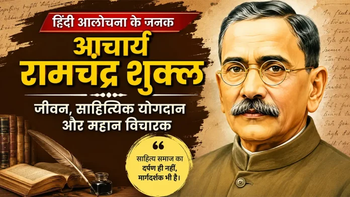 आचार्य रामचंद्र शुक्ल का चित्र, हिंदी आलोचना और साहित्य में उनके योगदान को दर्शाती फीचर्ड इमेज